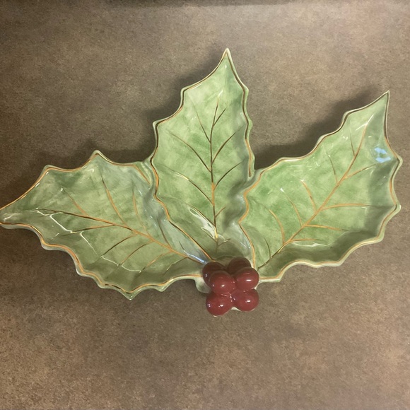 VINTAGE HOLLY & BERRY SNACK Relish candyDISH 3 COMPARTMENTS Gold Trim - Picture 5 of 7